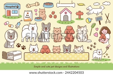 Cute line drawing vector illustration set of dog, cat, pet with walking, running and owner.