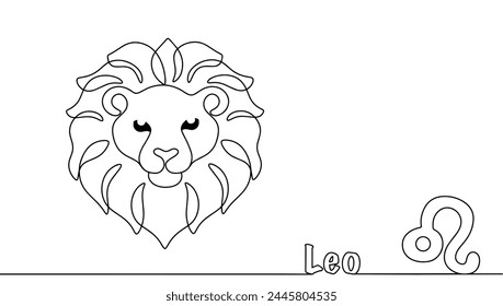 Cute line drawn lion and graphic symbol of the Leo zodiac sign. Vector illustration. Elegant astrological emblem.