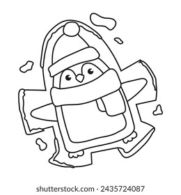 Cute line drawn penguin making a snow angel. Animal for coloring pages. Christmas themed colouring book. Funny winter character. Isolated on white.