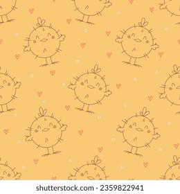 Cute line Easter background with baby chicks and fun doodle elements. Hand drawn seamless vector pattern for kids room decor, nursery art, packaging, wrapping paper, textile, fabric, wallpaper, gift.