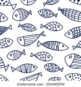 Cute line fish.  Kids background. Seamless pattern.