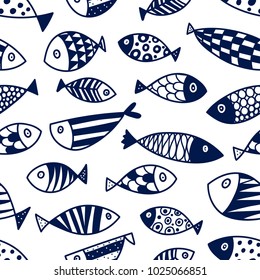 Cute line fish.  Kids background. Seamless pattern.