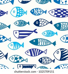 Cute Line Fish.  Kids Background. Seamless Pattern.