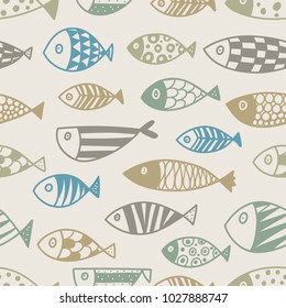 Cute line fish.  Kids background. Seamless pattern.