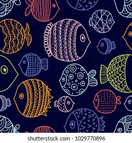 Cute line fish.  Kids background. Seamless pattern.