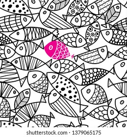 Cute line fish and polka dots. Vector seamless pattern. Seamless pattern can be used for wallpaper, pattern fills, web page background, surface textures.