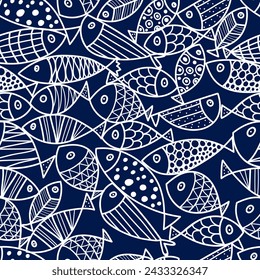 Cute line fish. Sea background. Seamless pattern. Can be used in textile industry, paper, background, scrapbooking.