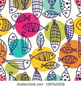 Cute line fish. Vector seamless pattern.