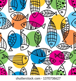 Cute line fish. Vector seamless pattern. Can be used for wallpaper, textile, invitation card, wrapping, web page background.