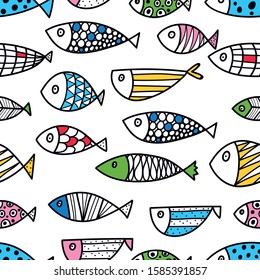 Cute line fish. Vector seamless pattern.