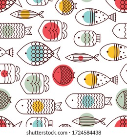 Cute line fish. Vector seamless pattern.