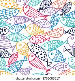 Cute line fish. Vector seamless pattern.