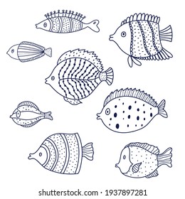 Juego de vectores de peces de línea dividida. Ilustración decorativa. Colores.