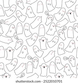 Cute line ghosts on white backgrouns. Halloween pattern.