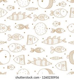 Cute line gold fish. Vector seamless pattern.