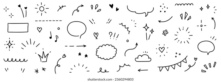 Cute line icon sketch element. Hand drawn line sketch text decoration star sparkle, arrow, heart element set. Simple drawn sun sparkle, flower, emphasis symbol background. Vector illustration.