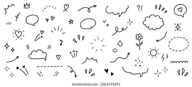 Cute line icon sketch element. Hand drawn line sketch text decoration star sparkle, arrow, heart element set. Simple drawn sun sparkle, flower, emphasis symbol background. Vector illustration.