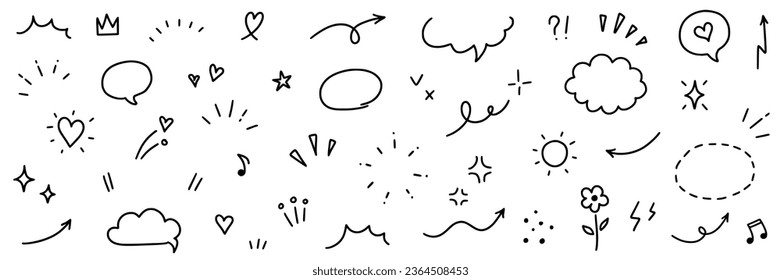 Cute line icon sketch element. Hand drawn line sketch text decoration star sparkle, arrow, heart element set. Simple drawn sun sparkle, flower, emphasis symbol background. Vector illustration.