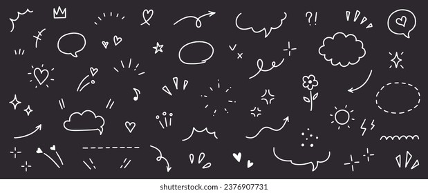 Cute line icon sketch element on chalkboard background. Hand drawn line sketch text decoration star sparkle, arrow, heart element set. Simple drawn sun sparkle, flower, emphasis. Vector illustration