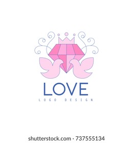 Cute line logo design with love doves and diamond