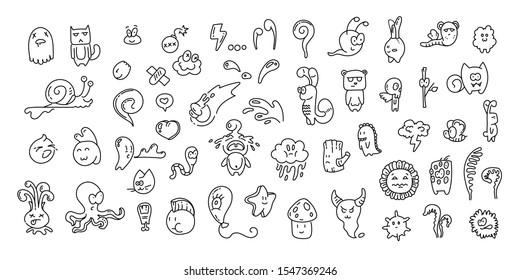 Cute line monsters. Cartoon clip art with group of hand drawn fantasy pets and animals. Vector doodle set of aliens with emotions