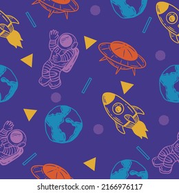 cute line outer rocket space seamless pattern colorful object wallpaper with design light purple background.