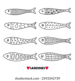 Cute line sardine. Kids background. Sardines, salmon, tuna, tilapia. Vector set. Kids illustration.