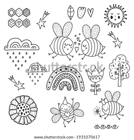 Cute line set with bees, rainbows and stars.