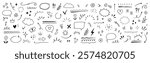 Cute line sketch star, arrow, heart decoration element icon set. Hand drawn sketch doodle cute star, emphasis, flower element. Pen line text decoration shape icon. Hand drawn vector illustration.