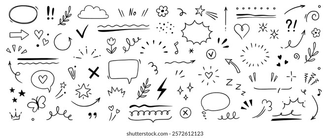 Cute line sketch star, arrow, heart decoration element icon set. Hand drawn sketch doodle cute star, emphasis, flower element. Pen line text decoration shape icon. Hand drawn vector illustration.