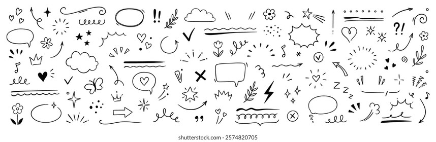 Cute line sketch star, arrow, heart decoration element icon set. Hand drawn sketch doodle cute star, emphasis, flower element. Pen line text decoration shape icon. Hand drawn vector illustration.