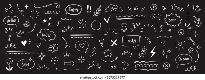 Cute line sketch star, arrow, heart decoration element icon set. Hand drawn sketch doodle cute star, emphasis, flower element. Pen line text decoration shape icon. Chalkboard vector illustration.