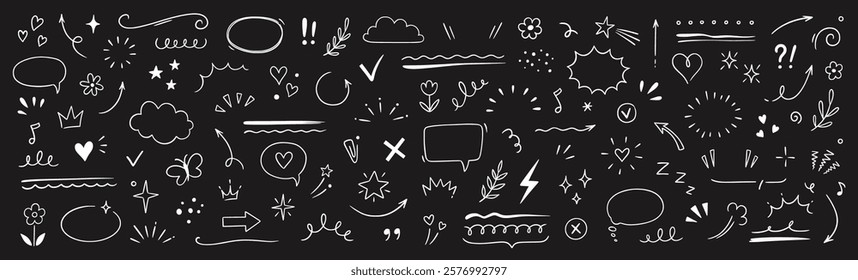 Cute line sketch star, arrow, heart decoration element icon set. Hand drawn sketch doodle cute star, emphasis, flower element. Pen line text decoration shape icon. Chalkboard vector illustration.