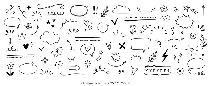 Cute line sketch star, arrow, cloud decoration element icon set. Hand drawn sketch doodle cute star, heart, flower element. Line text decoration scribble shape icon. Hand drawn Vector illustration.