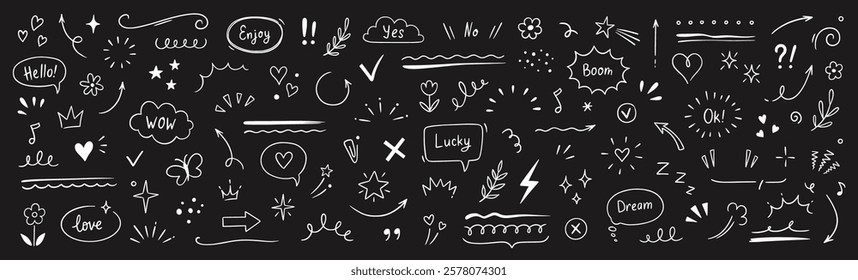 Cute line sketch star, arrow, heart decoration element icon set. Hand drawn sketch doodle cute star, emphasis, flower element. Pen line text decoration shape icon. Chalkboard vector illustration.