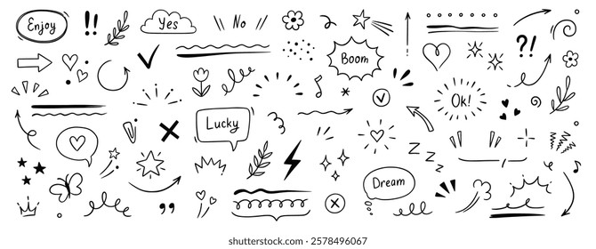 Cute line sketch star, arrow, cloud decoration element icon set. Hand drawn sketch doodle cute star, heart, flower element. Line text decoration scribble shape icon. Hand drawn Vector illustration.