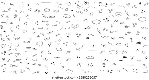 Cute line sketch star, arrow, heart decoration element icon set