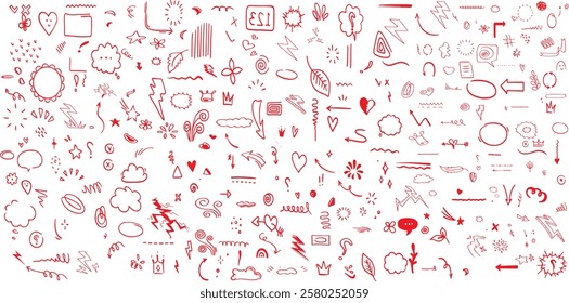 Cute line sketch star, arrow, heart decoration element icon set