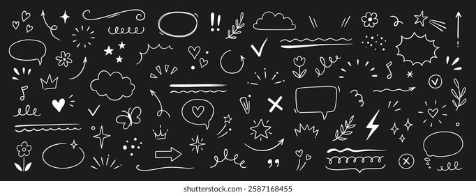 Cute line sketch star, arrow, heart decoration element icon set. Hand drawn sketch doodle cute star, emphasis, flower element. Pen line text decoration shape icon. Chalkboard vector illustration.