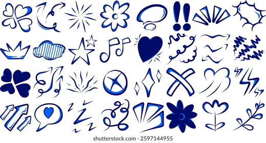 Cute line sketch star, arrow, heart decoration element icon set. Hand drawn sketch doodle cute star, emphasis, flower element. Pen line text decoration shape icon. Hand drawn vector illustration