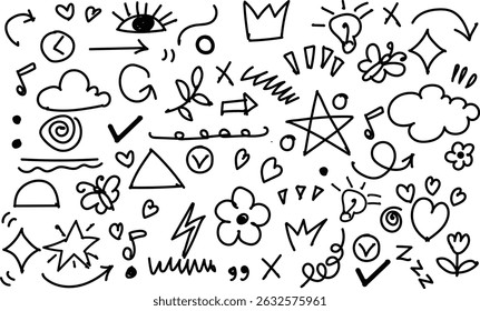 Cute line sketch star, arrow, heart decoration element icon set. Hand drawn sketch doodle cute star, emphasis, flower element. Pen line text decoration shape icon. Hand drawn vector illustration.