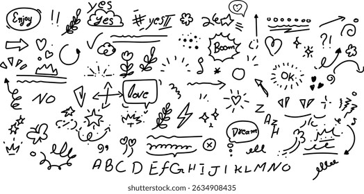 Cute line sketch star, arrow, heart decoration element icon set. Hand drawn sketch doodle cute star, emphasis, flower element. Pen line text decoration shape icon. Hand drawn vector