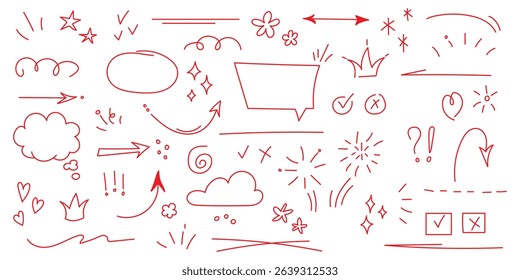 Cute line sketch star, arrow, cloud decoration element icon set. Hand drawn sketch doodle cute star, heart, flower element. Line text decoration scribble shape icon. Hand drawn Vector illustration.