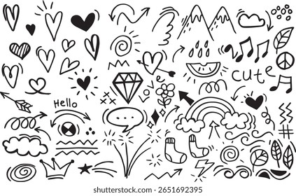 Cute line sketch star, arrow, cloud decoration element icon set. Hand drawn sketch doodle cute star, heart, flower element.
