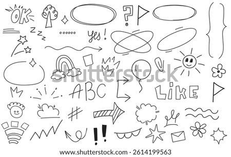 Cute line sketch star, arrow, heart decoration element icon set. Hand drawn sketch doodle cute star, emphasis, flower element. Pen line text decoration shape icon. Hand drawn vector illustration.