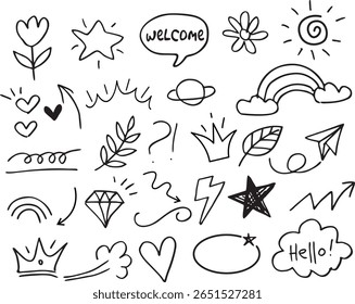 Cute line sketch text,hello,star, arrow, cloud decoration element icon set. Hand drawn sketch doodle cute star, heart, flower element.