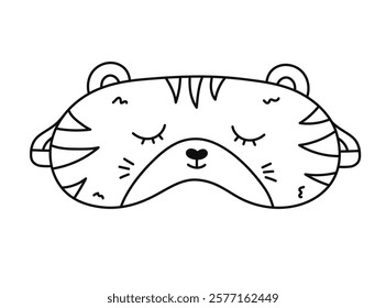 Cute line sleeping mask in the shape of tiger head. Funny childish animal eye mask with big cat. Hand drawn doodle sweet dreams accessory for comfort relaxation isolated on white background.