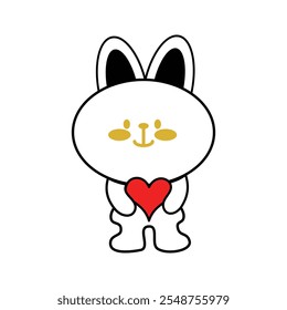 Cute line style rabbit doll holding red heart design. Cute and fun children's book illustration element design with calm, cheerful and elegant colors.