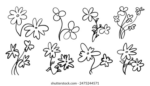 Cute line style vector flowers isolated on white background.