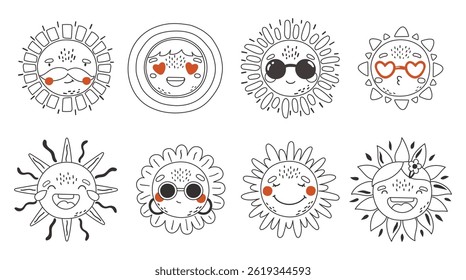 Cute line sun set, Happy sun vector, Summer sunshine set. Cards, invitation, posters, stickers
